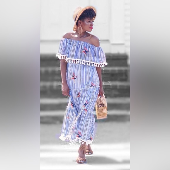 L'ATISTE Dresses & Skirts - L’ATISTE by AMY Blue & White Off Shoulder tier Maxi Dress with fringe Tassles